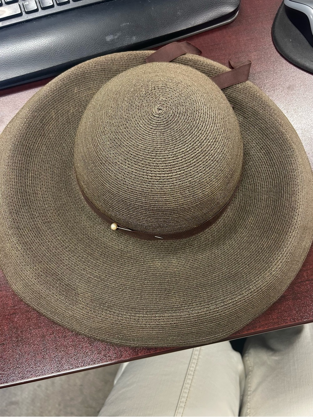 Betmar Brown Wide-Brim Straw Sun Hat with Ribbon and Bead Accent